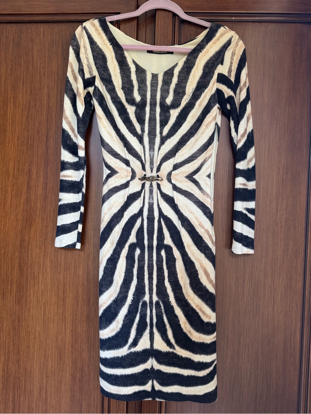 Roberto Cavalli Beige and Black Zebra-Print Long Sleeve Bodycon Dress - Picture 4 of 7